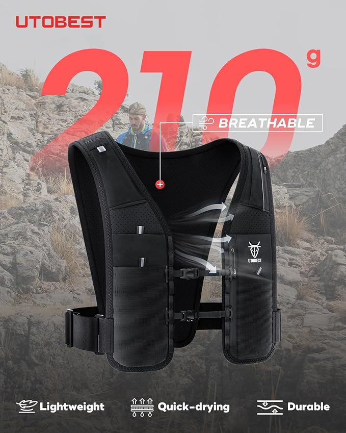 UTOBEST Running Vest for Women Men with 500ml/17oz Soft Water Bottle and LED Safety Light, 5L Phone Holder with Adjustable Belt & Ample Storage