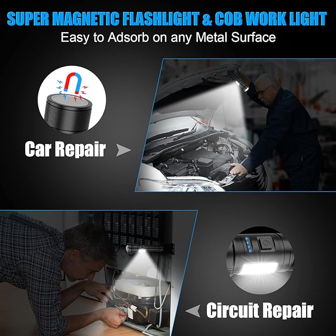 LED Magnetic Flashlight High Lumens Rechargeable, Super Bright Small Tactical Flashlights with COB Work Light, Type C, Zoomable, 7 Modes, IPX7 Waterproof Handheld Flash Light for Camping