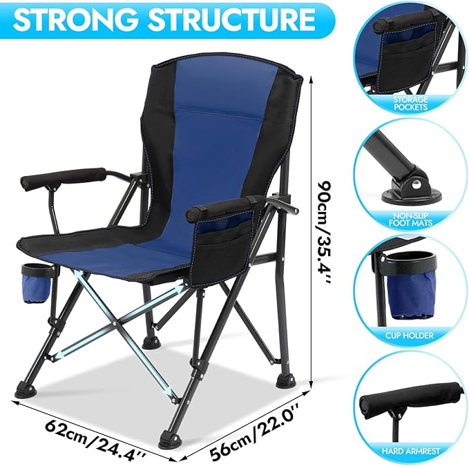 2 Pack Oversized Folding Camping Chair for Adults, Supports 450 LBS Camping Chairs, Heavy Duty Camping Chair with Side Pockets, Foldable Outdoor Chair for Camping, Beach, Fishing, Hiking, Blue-Black
