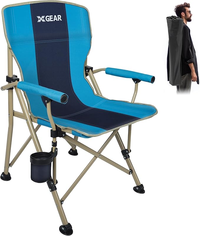 XGEAR Camping Chair with Padded Hard Armrest, Sturdy Folding Camp Chair with Cup Holder, Storage Pockets Carry Bag Included, Support to 400 lbs