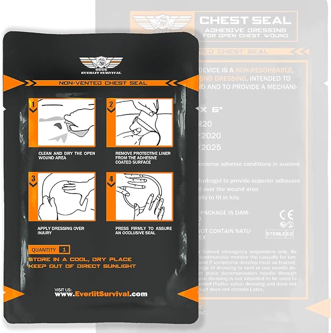 EVERLIT Occlusive Chest Seal Non-Vented Adhesive Dressing for Open Chest Injury and Sucking Chest Wound (4 Count)
