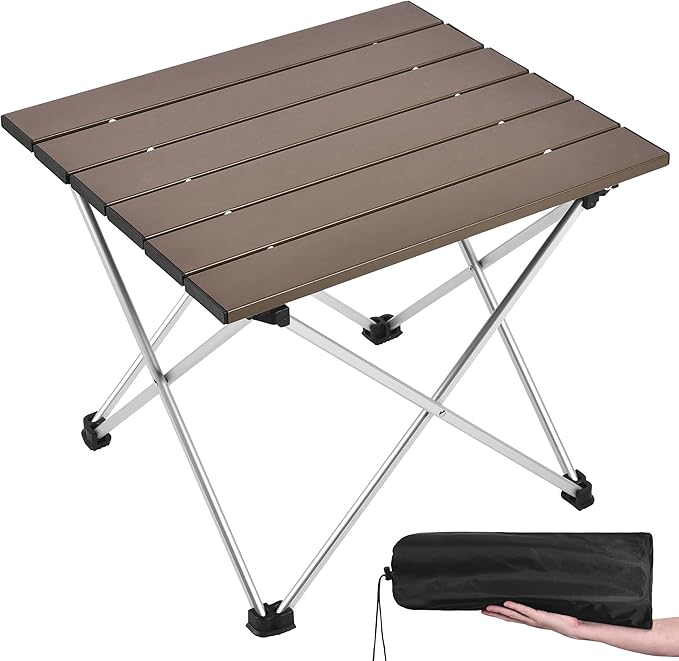 Grope Small Folding Camping Table with Aluminum Table Top, Beach Table for Sand with Carrying Bag,Prefect for Outdoor, Picnic, BBQ, Cooking, Festival (Coffee-L)