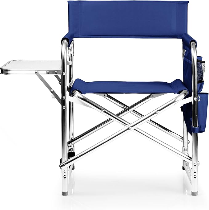 PICNIC TIME Sports Chair with Side Table, Outdoor Foldable Padded Adult Camping Chairs with Cup and Accessory Panel for Lawn, Beach, & Sports Use for Adults, up to 300-lbs Capacity, (Navy Blue)