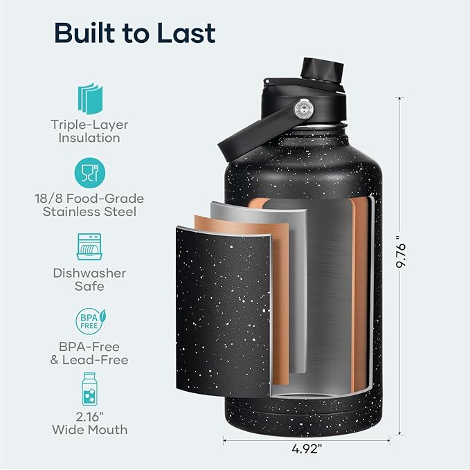 BUZIO Insulated Water Bottles 64oz with Straw Lid, Half Gallon Double Wall Stainless Steel Wide Mouth Water Bottle with Two Lids, Powder Coat Metal Water Jug Thermo Mug Metal Canteen, Keep Hot Cold