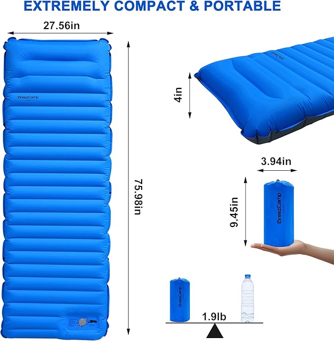 Camping Sleeping Pad,Ultralight Inflatable Camping Pads with Pillow & Foot Pump for Outdoor Hiking Travel Tent Backpacking Trip Car Camp Gear, Airpad Carry Bag,Compact Camping Mat, Blue