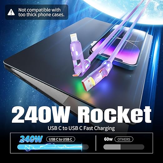 240W USB C Cable,4 in 1 Charging Cable Fast Charging & Data Sync,Multi USB Charging Cable with Breathing Light,Charger Cord for iPhone 17/16/15 14 13 iPad Galaxy MacBook iPad Tablets,Purple 5Ft