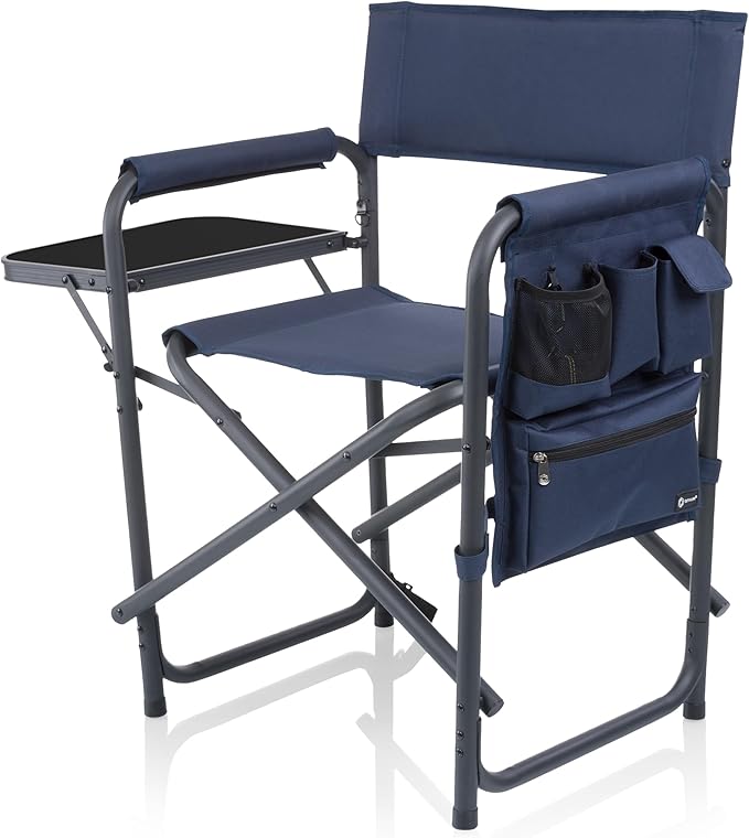 PICNIC TIME Sports Chair with Side Table, Outdoor Foldable Padded Adult Camping Chairs with Cup and Accessory Panel for Lawn, Beach, & Sports Use for Adults, up to 300-lbs Capacity, (Navy Blue)