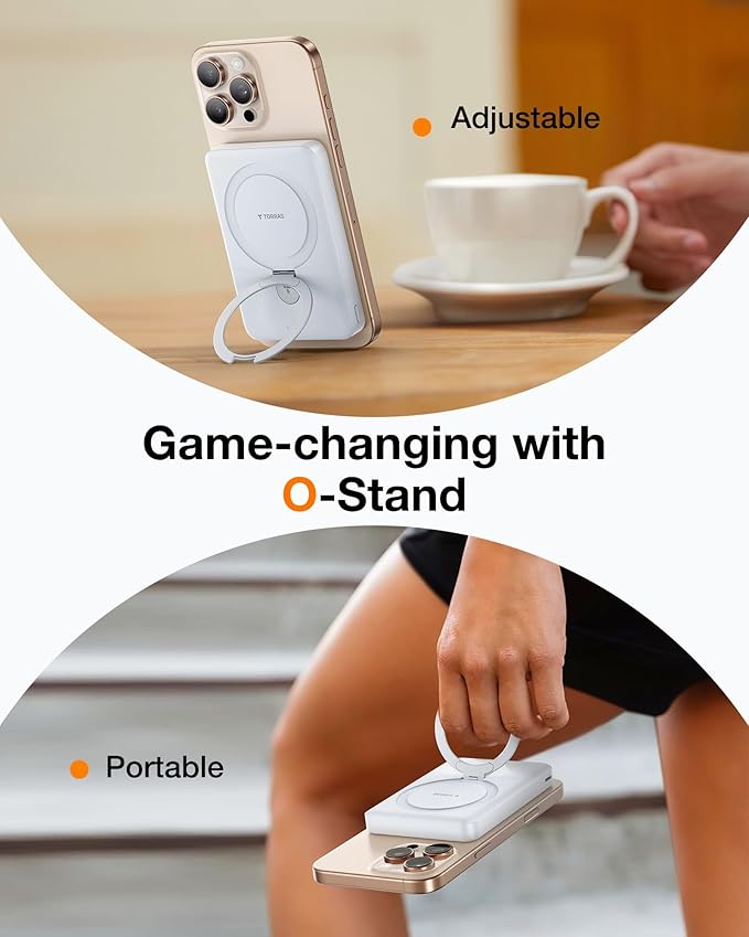 TORRAS EasyGo 10000mAh Magnetic Portable Charger Power Bank for iPhone, Fast Charging Travel Essential Wireless Battery Pack with Stand Compatible with Magsafe, 17 Pro Max,Pro,16,15,14,13,12, Whilte