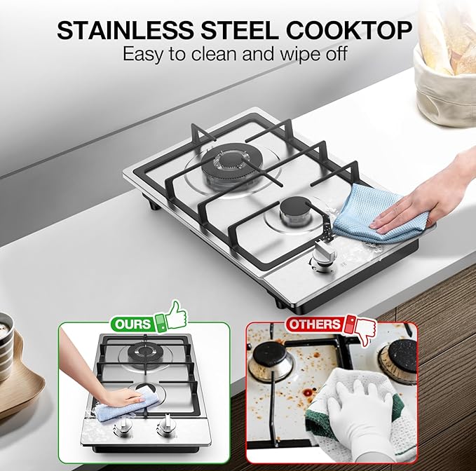 Gas Cooktop 2 Burner Propane Cooktop, Stainless Steel Propane Stove 12 inch, Bulit-in Gas Stove Top with Thermocouple Protection, Lpg/Ng Dual Fuel Drop-in Stove for Apartments, Outdoor, Rvs