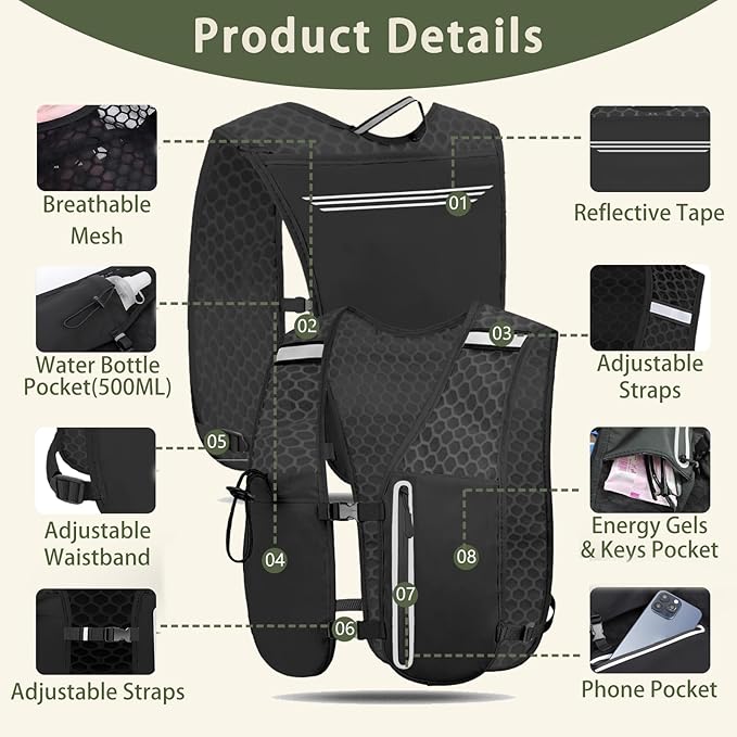 Unisex Hydration Vest Running Backpack - Adjustable Size Lightweight Trail Running Vest with 2L Bladder & 500ml Soft Flask, Mesh, Large Phone Pocket for Night Walking, Marathon(Reflective Strips)