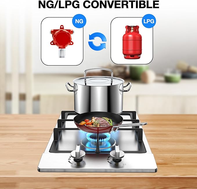 Gas Cooktop 2 Burner Propane Cooktop, Stainless Steel Propane Stove 12 inch, Bulit-in Gas Stove Top with Thermocouple Protection, Lpg/Ng Dual Fuel Drop-in Stove for Apartments, Outdoor, Rvs