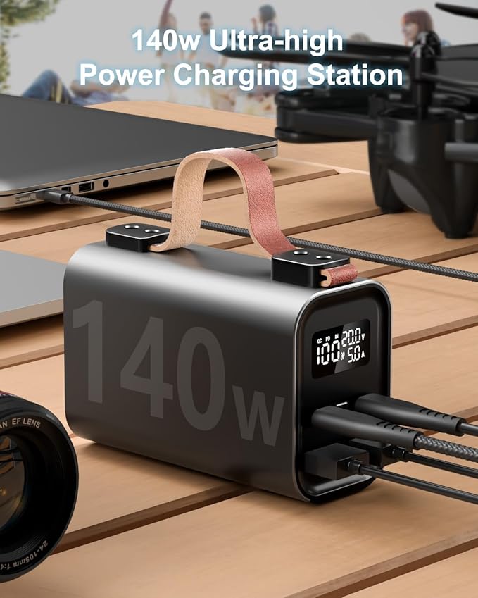 140W Laptop Portable Charger Power Bank 50000mAh(185Wh), Power Station PD 3.1 QC4.0 Fast Charging External Battery Pack Aluminium alloy with 4 Outputs USB-C LED Light for Outdoor Emergency-Gray