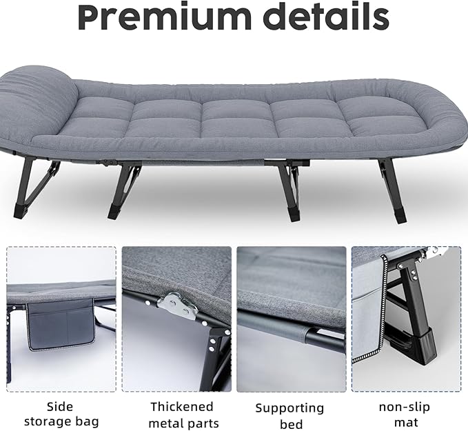 Chaise Lounge Chair, Folding Cot, 6-Angle Adjustable Camping Cot with Mattress for Patio and Beach, Foldable Bed Portable Heavy Duty Lay Flat Reclining with Pillow (Gray, M - 70'')