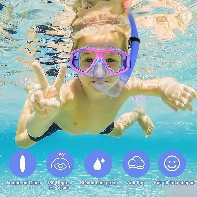 Youth Snorkel Set for Ages 7-16, Snorkeling Gear for Kids with Panoramic View Mask Anti-Fog Anti-Leak Full Dry Top Snorkel Fins Travel Bag for Swimming Diving