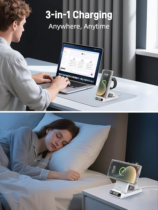 Magnetic Wireless Charger for Samsung, 3 in 1 MagSafe Charging Station for Samsung Galaxy Z Fold/Flip 7/S25 Ultra/S24 Ultra, Foldable Charger for Samsung Galaxy Watch Ultra/8/7/Galaxy Buds 3 (White)