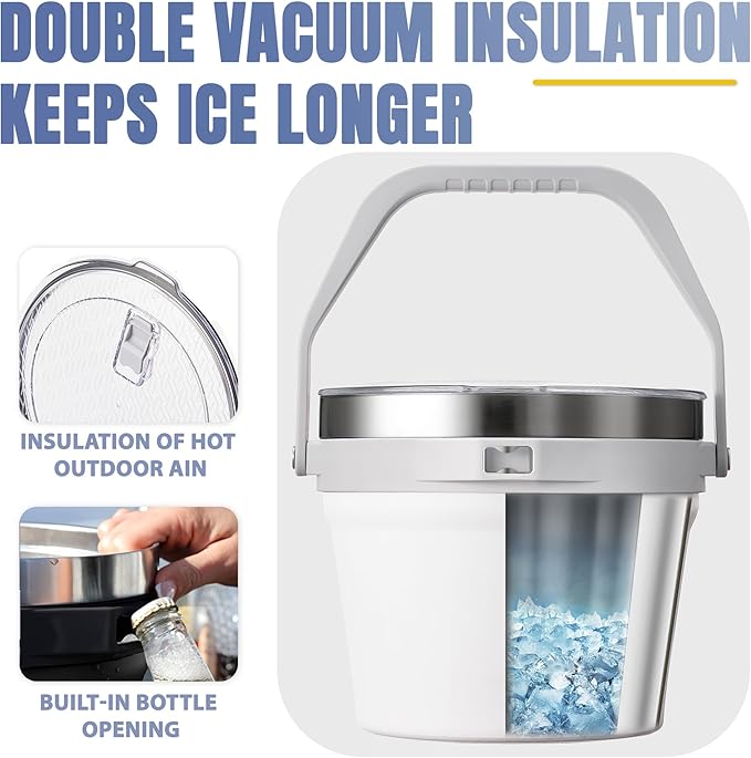 COKTIK 7L Vacuum Insulated Ice Bucket with Lid and Scoop& Tongs，Large capacity Stainless Steel Beverage Bucket for Cocktail, Champagne, Wine, Beer，Large Parties（Milk White Suit）
