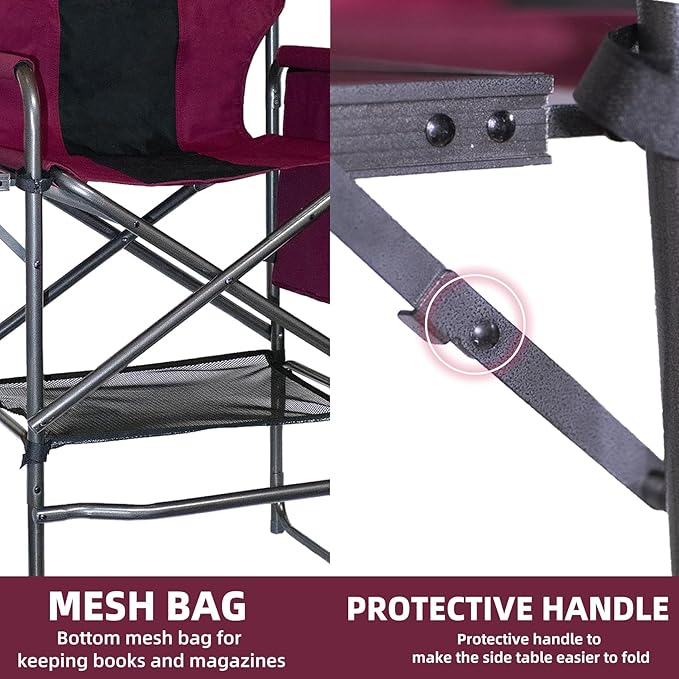 30" Tall Directors Chair with Side Table, 400LBS Bar Height Folding Camping Chair for Makeup Artists, Outdoor Events, Portable Foldable Chair with Cup Holder & footrest - Wine Red/Black