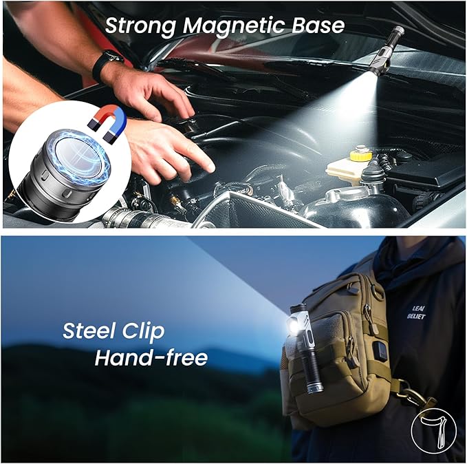 Yemao Rechargeable Tactical Flashlights 1600 High Lumens 2 Light Sources,6 Modes,90 Degree Rotating,Waterproof Working Light with Magnetic Base for Home Emergency,Outdoor,Camping,Shop