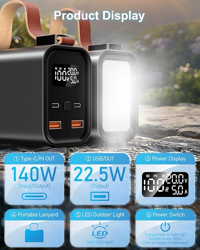 140W Laptop Portable Charger Power Bank 50000mAh(185Wh), Power Station PD 3.1 QC4.0 Fast Charging External Battery Pack Aluminium alloy with 4 Outputs USB-C LED Light for Outdoor Emergency-Gray