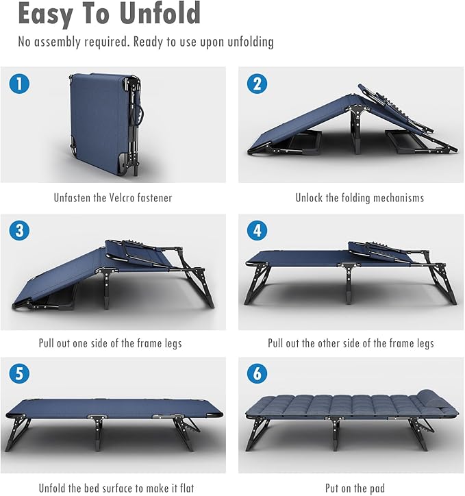 ATORPOK Folding Camping Cot for Adults with Padded Mattress and Pillow, Adjustable Reclining Lounger Sleeping Cot Bed, Ideal for Camping, Travel, Garden, or Office Use, Blue