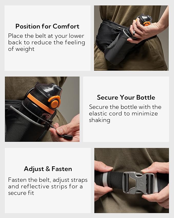 WATERFLY Running Water Bottle Belt: Hydration Fanny Pack Waist Bag for Women Men with Bottle Holder Hip Pack for Runners Walking Hiking Jogging (Bottle Not Included)