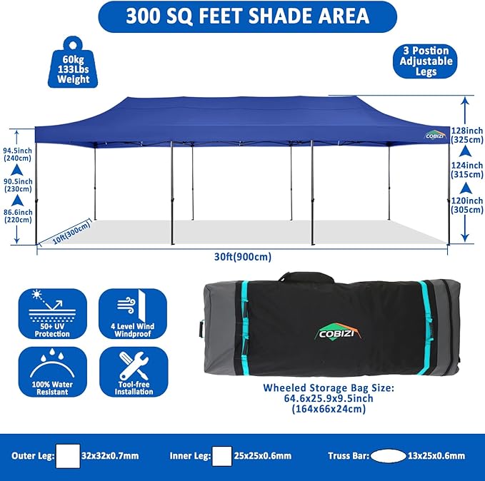 COBIZI 10x30 Pop Up Canopy Without Sidewall,Heavy Duty Canopy UPF 50+ All Season Wind Waterproof Commercial Outdoor Wedding Party Tents for Parties Canopy Gazebo with Roller Bag(10 x 30 ft Dark Blue)