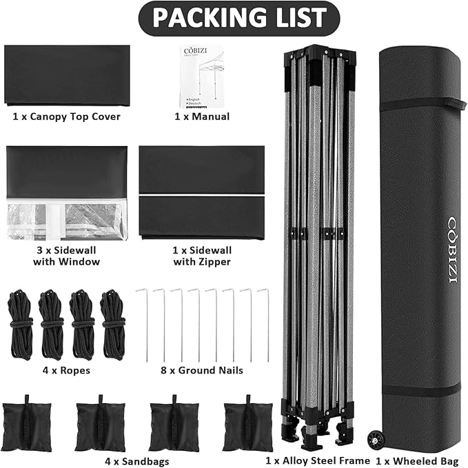 COBIZI 10x10 Pop Up Canopy Tent 10x10 Canopy with 4 Sidewalls Waterproof Heavy Duty Commercial Canopy Tent for Parties Outdoor Tent Garden Gazebo Tent, Carry Bag with Wheel(10x10ft, Black)