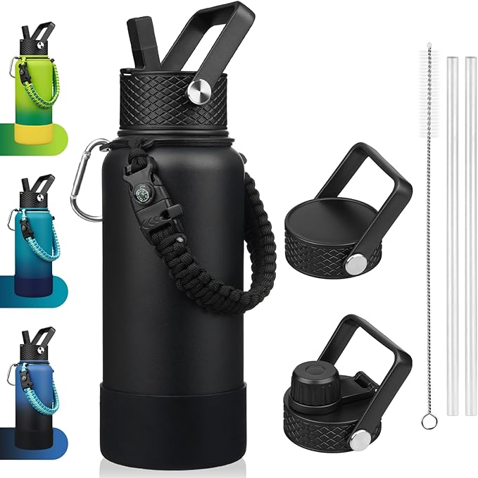 BJPKPK 32oz Insulated Water Bottles with 3 Lids, Paracord Handle & Non-slip Boot, Stainless Steel Metal Water Bottle,Reusable BPA Free Thermo, Tumblers, Black
