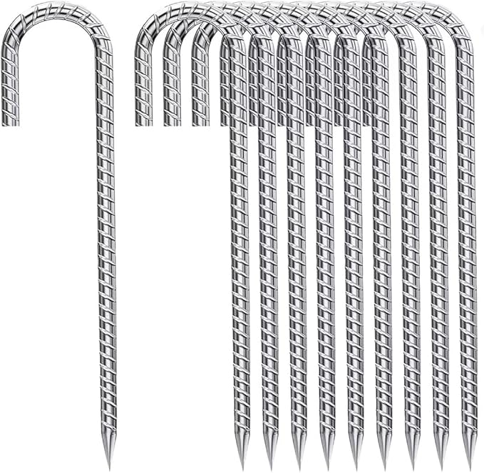 Ground-Stakes-Heavy-Duty-12-Inch, J Hook Rebar Stakes Galvanized Anti-Rust 10pcs Metal Stakes for Ground Heavy Duty Ground Anchors for Garden Dog Fence Chicken Coop Deer Fence