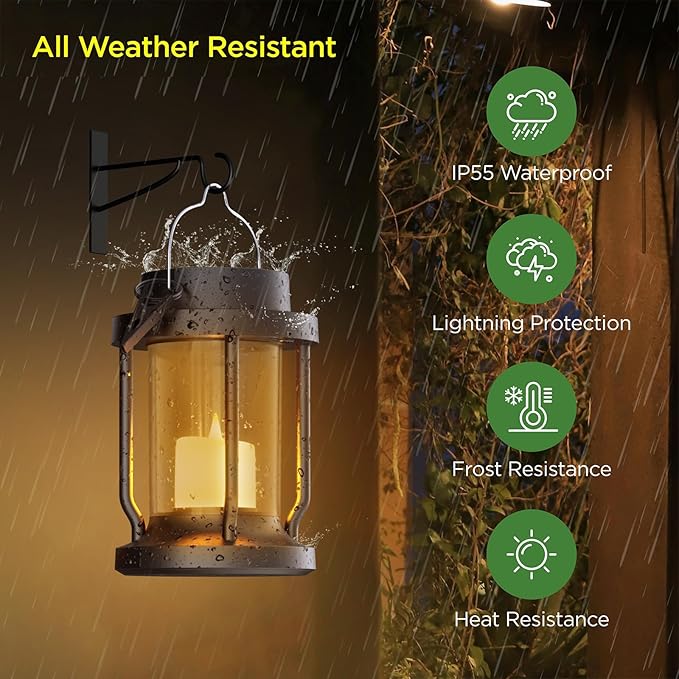 Solar Lantern Outdoor & Indoor Use – Hanging Solar Lights with Realistic Flickering Flameless Candle, Weatherproof for Gardens, Patios, Trees, and Lawns (Black + Amber, 2 Pack)