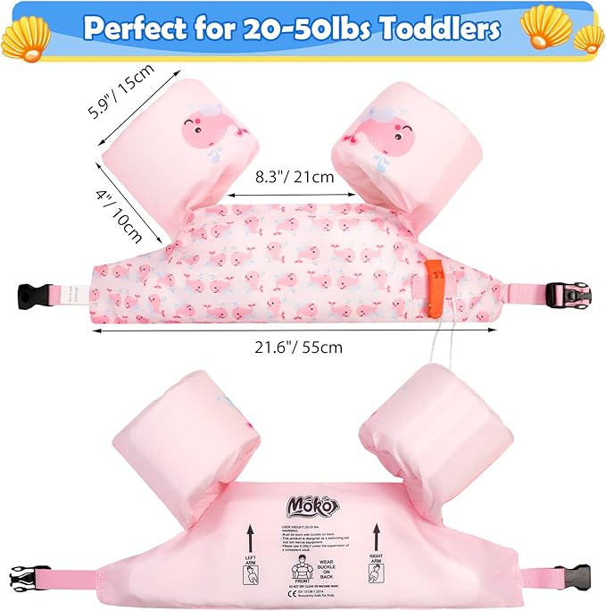 MoKo Toddler Swim Vest for Kids 20-50lbs, Lovely Cartoon Swimming Wings Pool Floats Sleeve Children Swim Arm Band Water Sports Learning Swim Training Equipment, Pink Whale