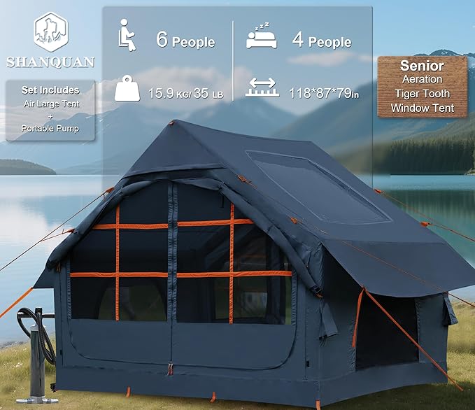 SHANQUAN Inflatable Tent with Pump,4-6 Person Instant Glamping Camping Tents House, Easy Setup Blow Up Family Tents for 4 Seasons Waterproof Inflatable Tent for Camping with Mesh Windows.