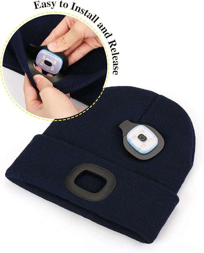 MELASA Unisex Hat with Light, USB Rechargeable Hands Free Headlamp LED Beanie, Winter Gifts for Men Dad Father Husband Him