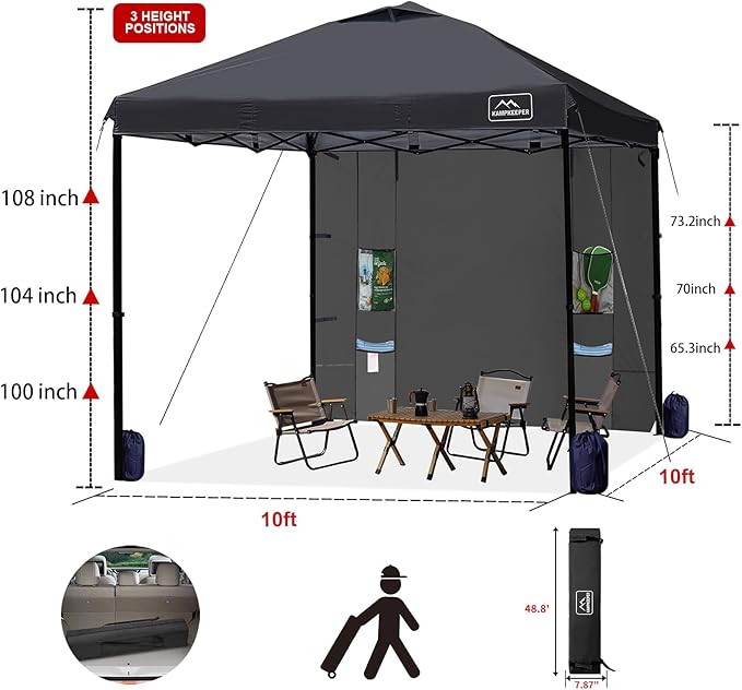 KAMPKEEPER 10x10 Pop Up Canopy Tent with Sidewall - Easy Setup Sun Shelter, Outdoor Shade with Vented Roof for Backyard | UV & Rain Portable Instant Camping Beach Canopy Tents (Black)