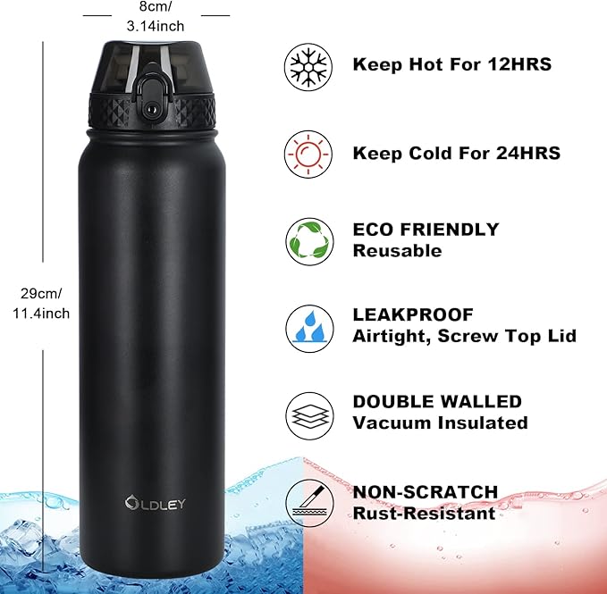 Oldley Insulated Water Bottle 32oz Water Bottles with Straw, Stainless Steel Water Bottle with 3 Lids, Double Wall Vacuum Bottles for Adult,Sports Bottles for School Travel, Black
