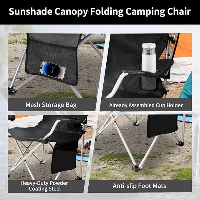 Portable Camping Chair with Canopy Shade- Folding Camping Lounge Chair with Cup Holder & Side Pocket for Outdoor Camping, Fishing, Beach - Support 330 LBS(BLACK-2PK)
