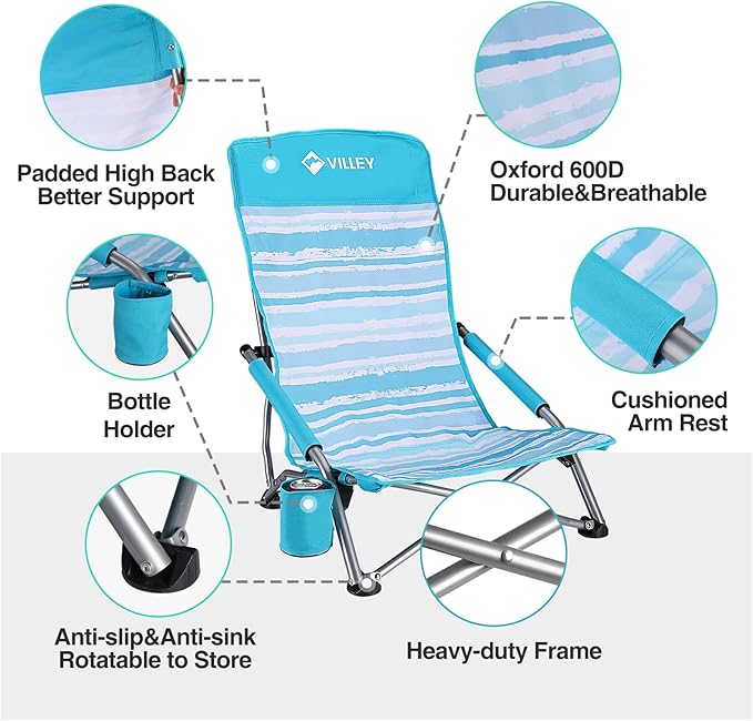 VILLEY Low Beach Chair, High Back Folding Chair for Adults, Lightweight and Portable for Outdoor, Camping, Lawn, Music Festival, with Cup Holder and Carry Bag - Blue Stripes