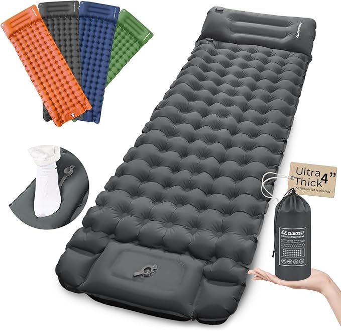 Sleeping Pad for Camping, 4in Thickness Inflatable Sleeping Mat with Adjustable Pillow & Built-in Foot Pump,Lightweight Camping Air Mattress with Waterproof Nylon for Hiking (Grey, Single)