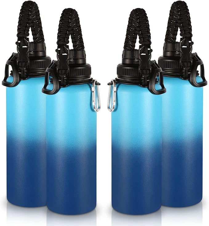 Volhoply Insulated Water Bottles Bulk 4 Pack, 40 oz Stainless Steel Sports Bottle with Paracord Handle & Spout Lid, Double Walled Vacuum Metal Travel Water Jug for Adults(Green Blue,4 Set)