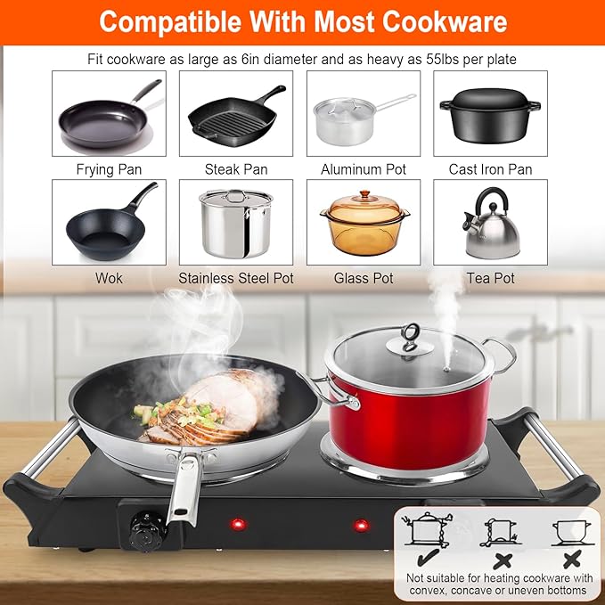 Hot Plate, 2000W Portable Electric Stove for Cooking with Stay Cool Handles & 5 Levels Adjustable Temperature, Countertop Double Coil Burner for Home RV Camp Compatible for All Cookwares,Black