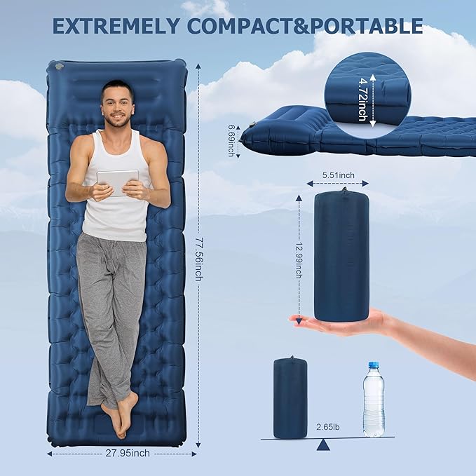 Sleeping Pad for Camping, Ultralight 4.7" Extra-Thick Inflatable Camping mat with Pillow Built-in Foot Pump, Compact Lightweight Air Mattress for Backpacking Hiking Car Travel Tent, Navy Blue