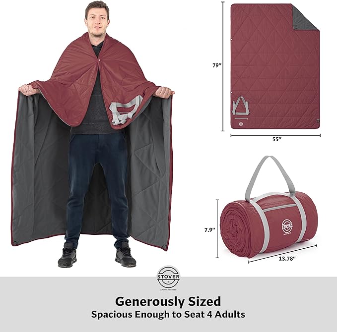 STOVER Waterproof Stadium Blanket – Portable Outdoor Camping Blanket for Travel, Picnics, or Sports – Warm, Windproof, Lightweight, and Packable (Summit Red)