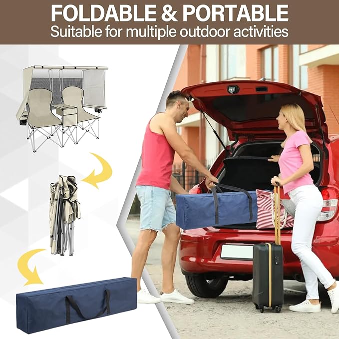 BDL Double Camping Chair with Canopy, Two Person Folding Loveseat with Shade, Heavy Duty Beach Chair with Cooler Bag, Cup Holder for Outside, Fishing, Sports, Beach-White