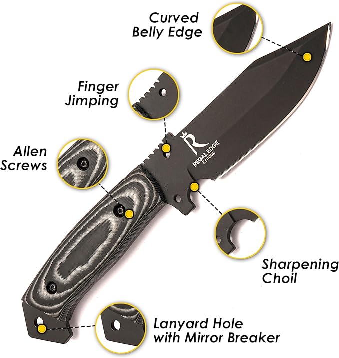 Fixed Blade Knife 10” Hunting Knife With Built-in Military Compass And Leather Sheath - G10 Handle Survival knives for Camping, Hiking, and Outdoor Use