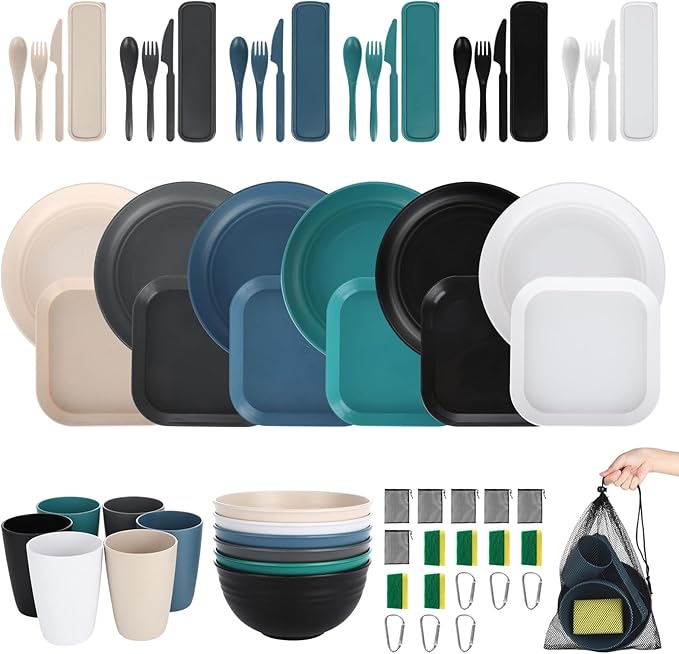 Wheat Straw Dinnerware Sets,48 Piece Unbreakable Dinnerware Sets,Reusable Wheat Straw Plates and Bowls Sets of 6 Person,Camping Mess Kit for Travel,Camping Essentials,Picnic,Home,Party