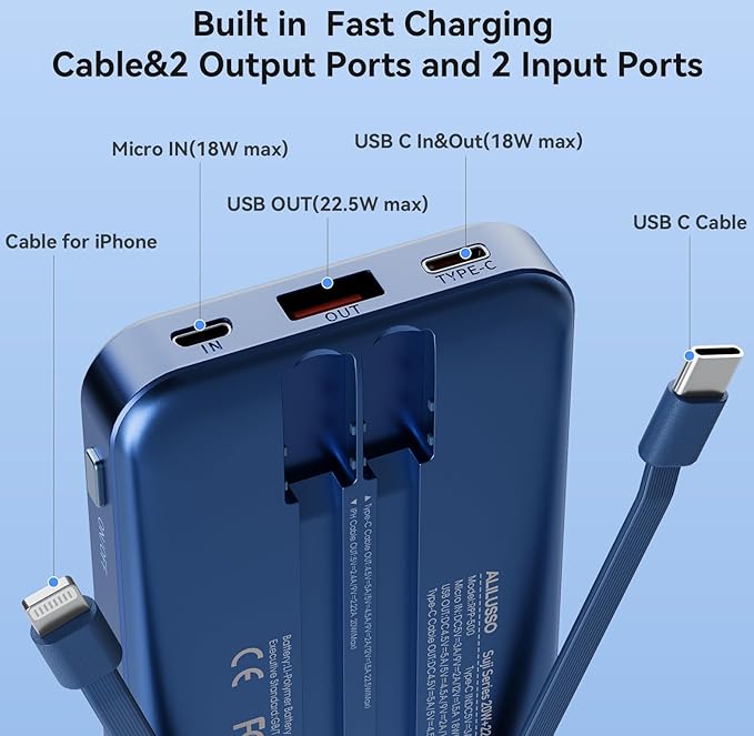 Portable Charger Built-in Cables for iPhone Samsung iPad Android Phone, 20000mAh Power Bank Fast Charging, Smart LED Display Battery Pack 2-Port Output Traveling- Dark Blue