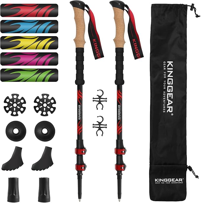 KINGGEAR TPC 100% Carbon Fiber Hiking Poles, Telescopic Retractable Nordic Trekking Poles, Ultra Lightweight Nordic Walking Stick, Metal Flip Locks, Cork and Extended EVA Handle