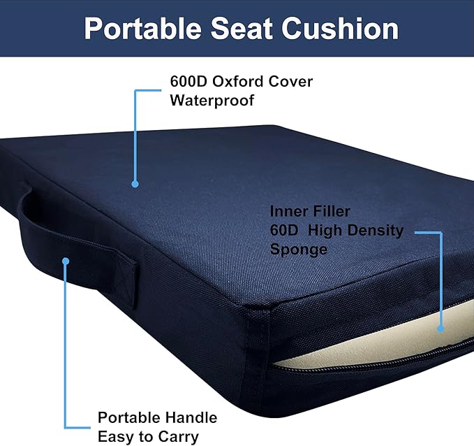 Portable Bleacher Seat Cushions with Handle, 2 Inches Thick, Waterproof Oxford Fabric, Zipper Design, Set of 2 (Blue)