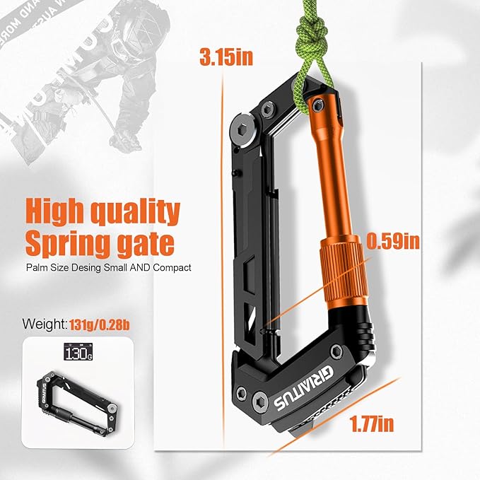 Carabiner Multitool with Pocket Knives, EDC Carabiners, Serrated Knife, Rope Cutter, Screwdriver, Can Bottle Opener, Ruler, Folding Knife for Camping Hiking, Gifts for Men (Orange)