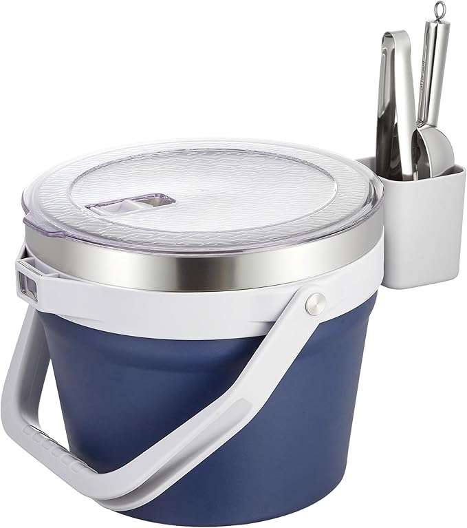COKTIK 7L Vacuum Insulated Ice Bucket with Lid and Scoop& Tongs，Large capacity Stainless Steel Beverage Bucket for Cocktail, Champagne, Wine, Beer，Large Parties（Dark Blue Suit）